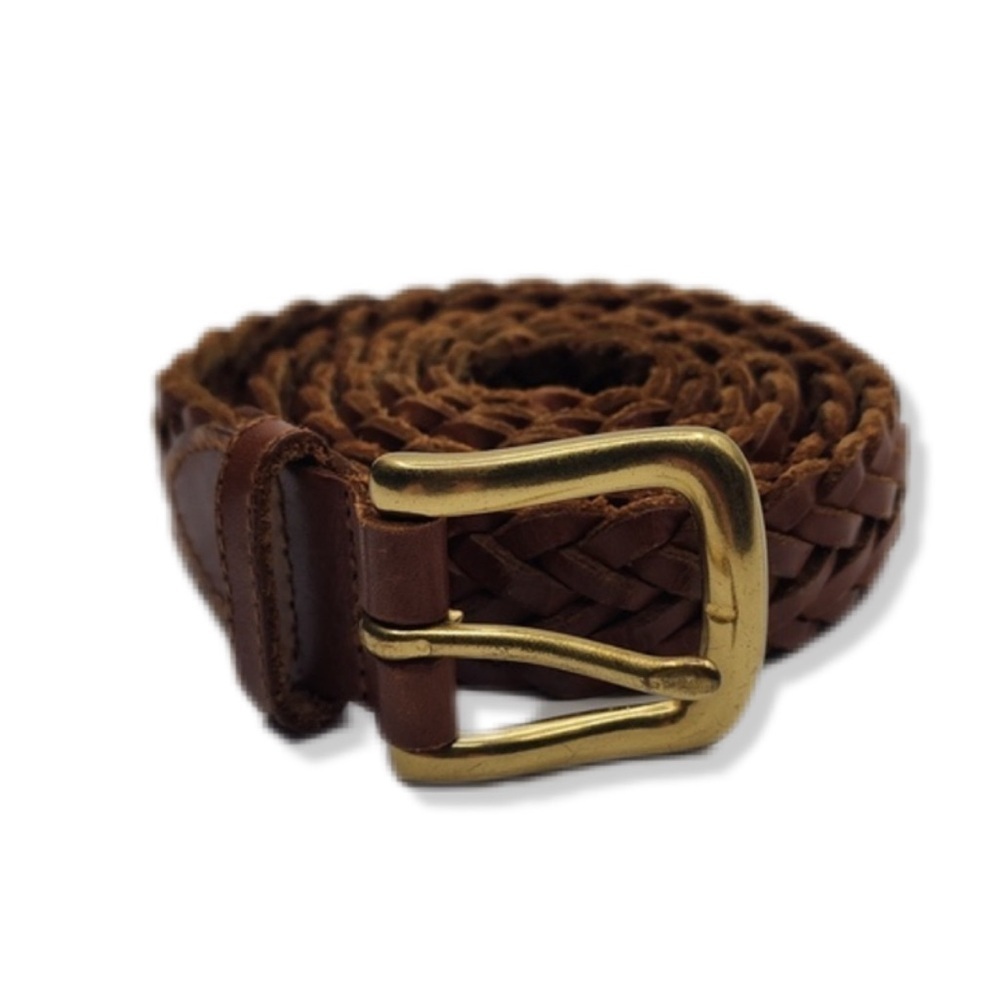 Vintage Y2K Boho Brown Genuine Leather Braided Woven Gold Buckle Belt XL